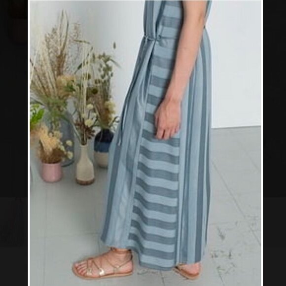 NWT Sita Murt teal blue mixed stripe Sleeveless maxi  dress waist tie size ~LG - Picture 16 of 16